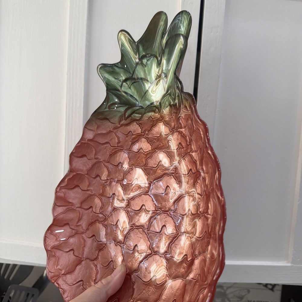Medium Pineapple Glass Serving Platter Bronze Green Tropical Decor Tray MCM - Picture 8 of 12